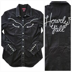 Rock & Roll Cowgirl Black Howdy Y'all Western Snap Shirt Whipstitch Women Medium